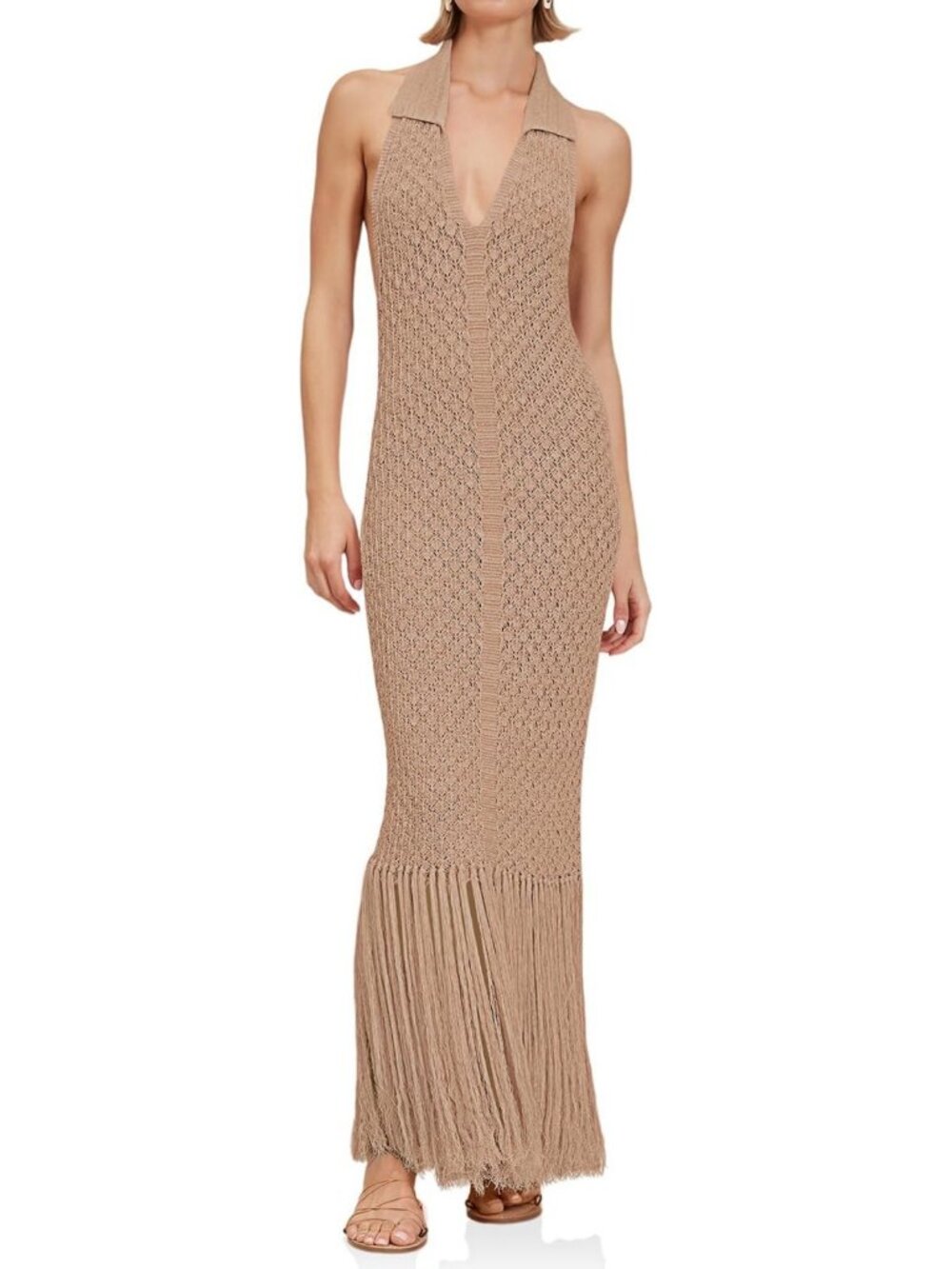 Chic Halter Crochet Cover-Up Dress | Fringe Backless V-Neck Beach Maxi Gown